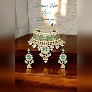 Exotic Bollywood Bejeweled Green & Gold Choker Necklace Set (More Colors Avail.)
